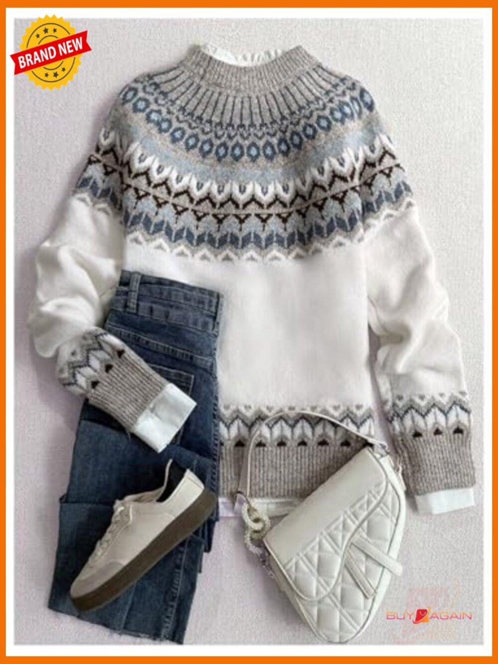 Striped Graphic Fall Sweater Crew Neck Long Sleeve Knitwear Pullover - Picture 2 of 5